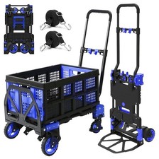 2-in-1 Folding Trolley Multi-Use Cart w/ Basket, 360 Swivel Wheels Black/Blue