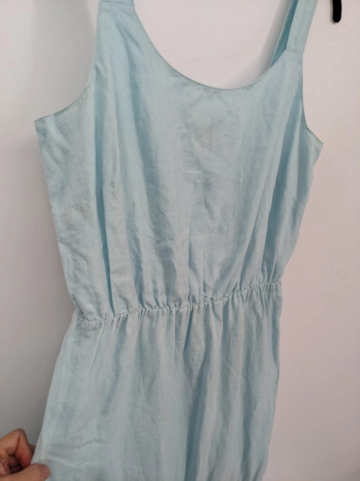 Vestido J JIll Mujer Pequeño Azul Lino Midi Ligero Verano Informal Maduro Ojales Foto 3 de 4