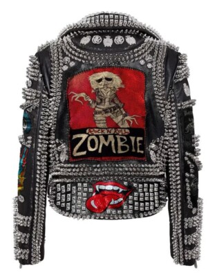 ジャケット・アウター EH Multi Patches Leather Jacket Heavily Studded Leather Jacket Zombie & Multi Patches Men Rocker