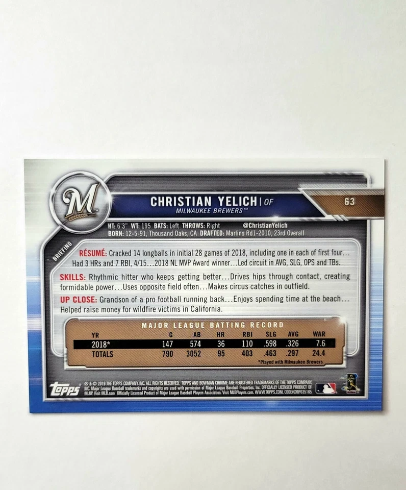 2019 Bowman Chrome "Christian Yelich" #63 Purple Refractor #'ed 158 /250 (DR) - Image 3 of 3