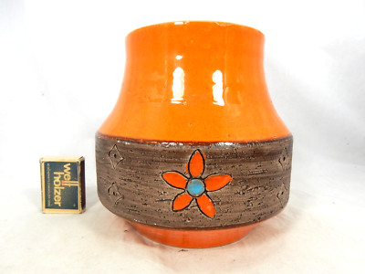 Beautiful orange flower design Bitossi Ceramiche pottery vase Italy 16 cm