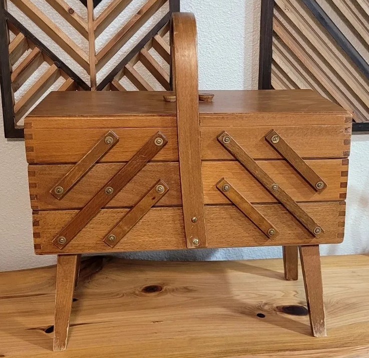 Vintage Wooden Accordion Fold Out Sewing Box Made In Romania eBay
