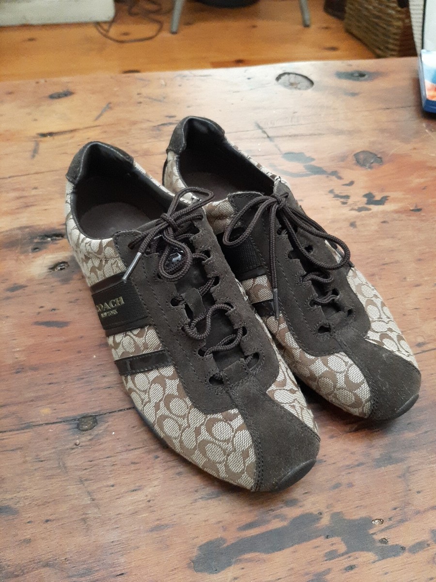 Coach Womens Remonna Logo Shoes Size 9B Lace Up Brown Canvas Suede