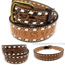 Vintage 80s Tandy 'DUSTY' Brown Floral Tooled Whipstitch Western Name Belt 31-34