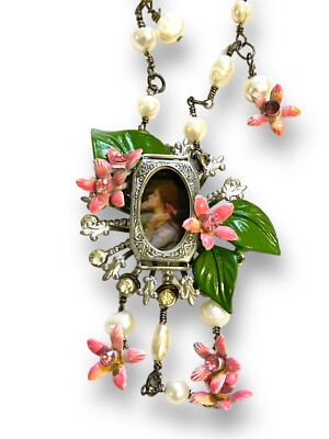 Collage Necklace Handcrafted Pearls Vintage Pink Flowers Watch Art 15  Drop