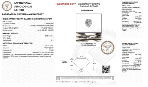 0.95 Cts PEAR Cut F Color SI2 Clarity LAB GROWN CVD Diamond IGI Certified - Picture 2 of 12