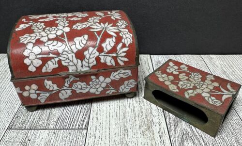 Vintage Chinese Cloisonne Red White Cherry Blossom Cigarette Box & Matchbox Set - Photo 1/10