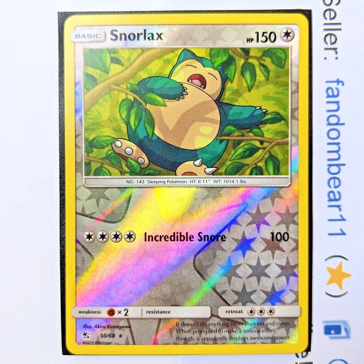 Snorlax REVERSE HOLO RARE card 50/68 Sun & Moon Hidden Fates 2019