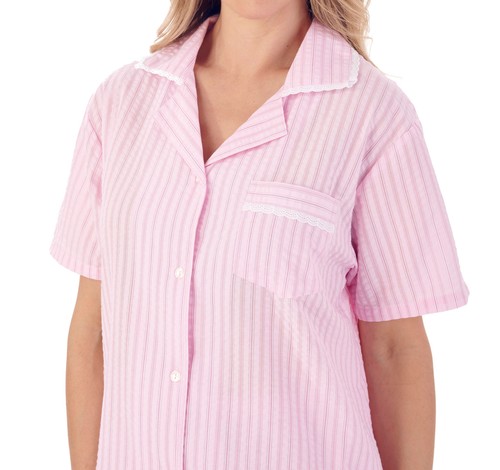 Juego de pantalones pijamas para mujer Seersucker a rayas PJs Slenderella con botones - Imagen 25 de 25