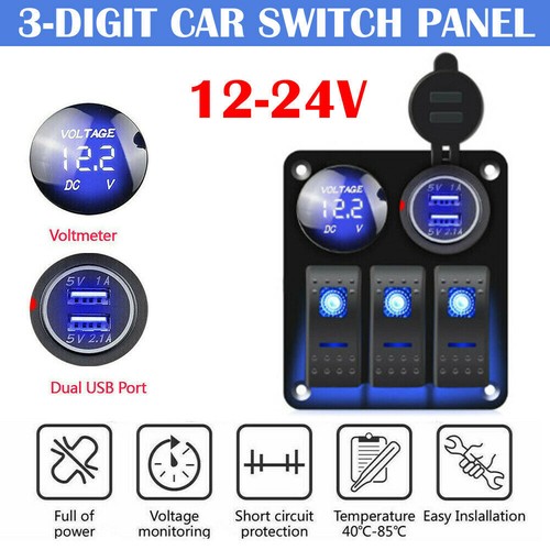 3 Gang 12V Switch Panel Control USB Charger ON-OFF Toggle for Truck ...
