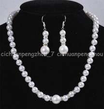 Fashion Jewelry 8-12mm White Shell Pearl Round Beads Necklace Earrings Set