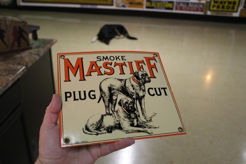 RARE SMOKE MASTIFF PLUG TOBACCO DEALER PORCELAIN METAL SIGN DOG CHEWING INDIAN - Picture 2 of 12