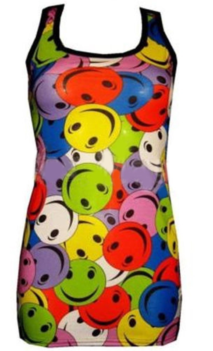 NEW FUNKY MULTI SMILE FACES PRINT LONG VEST TANK TOP GOTH PUNK EMO