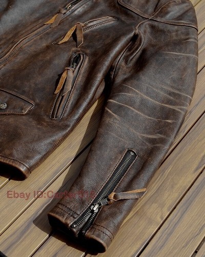 Mens Vintage Style Tea-Core Cowhide Washed Distressed Motorcycle Biker Jacket - Picture 9 of 25
