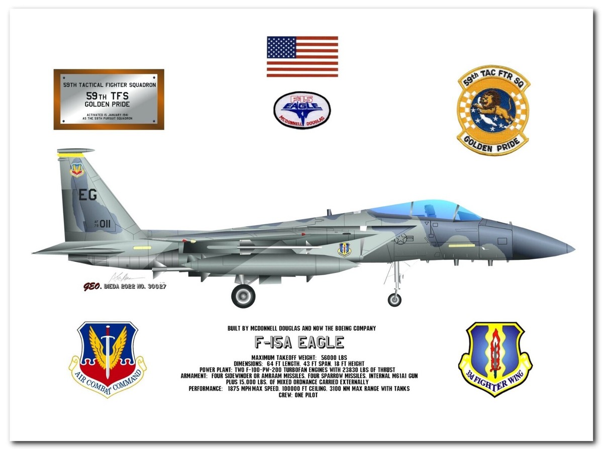 F-15A Eagle, 59th TFS, 33d FW, USAF Fighter Print, late 1980s | eBay
