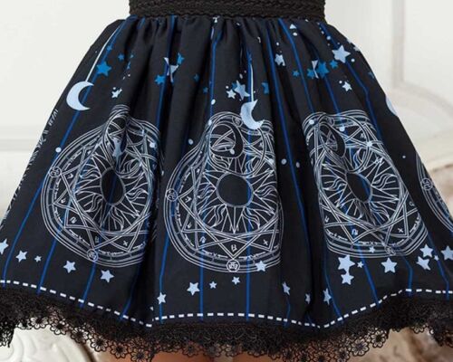 Cosplay Gothic Lolita Magician Wizard Moon and Stars Print Skirt with lace - Photo 1 sur 4