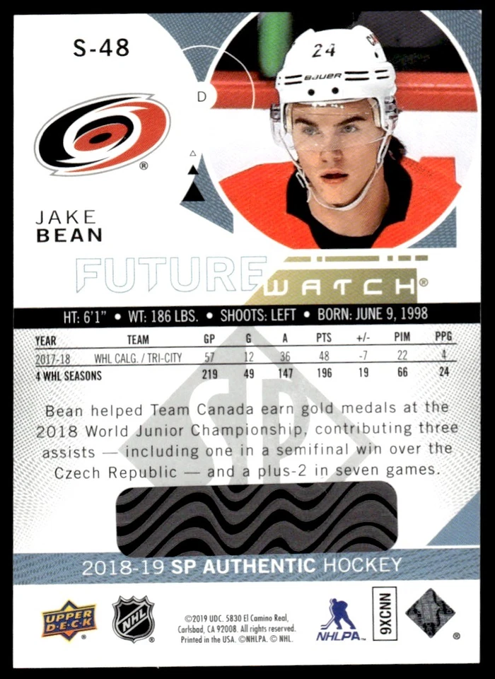 2018-19 SP Authentic Spectrum FX Jake Bean Carolina Hurricanes #S-48 - Image 2 of 2