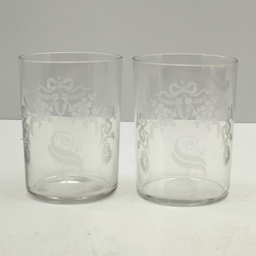 Set of 2 Vintage Victorian Glass Crystal Tumbler Floral Acid Etched