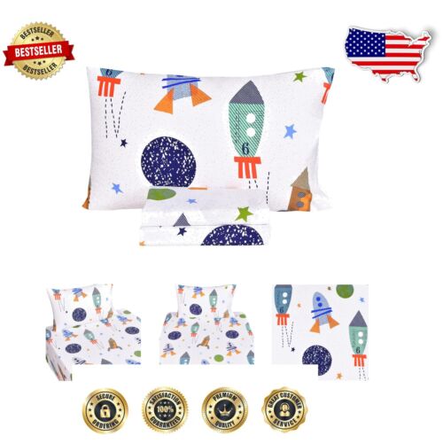 Cotton Twin Bed Sheet Set with Cartoon Rocket Design - Space Adventure Theme