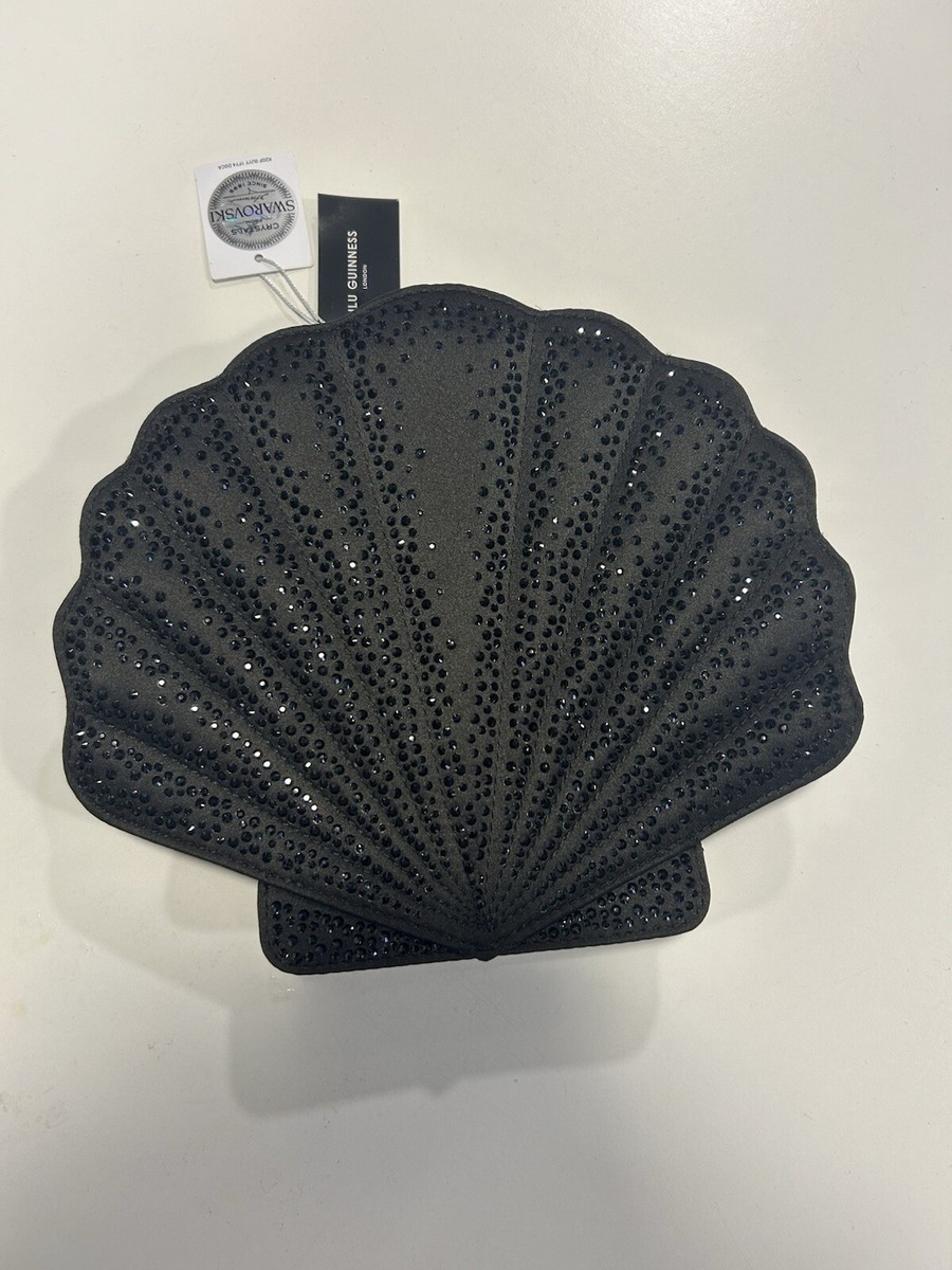 【LULU GUINNESS】SATIN SHELL CLUTCH WITH SWAROVSKI CRYSTALS Black Satin Shell Clutch Bag Swarovski Crystals