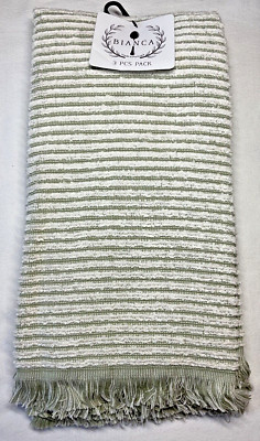 BIANCA KITCHEN TOWELS (3) GREEN STRIPES FRINGE 20 X 28 NWT