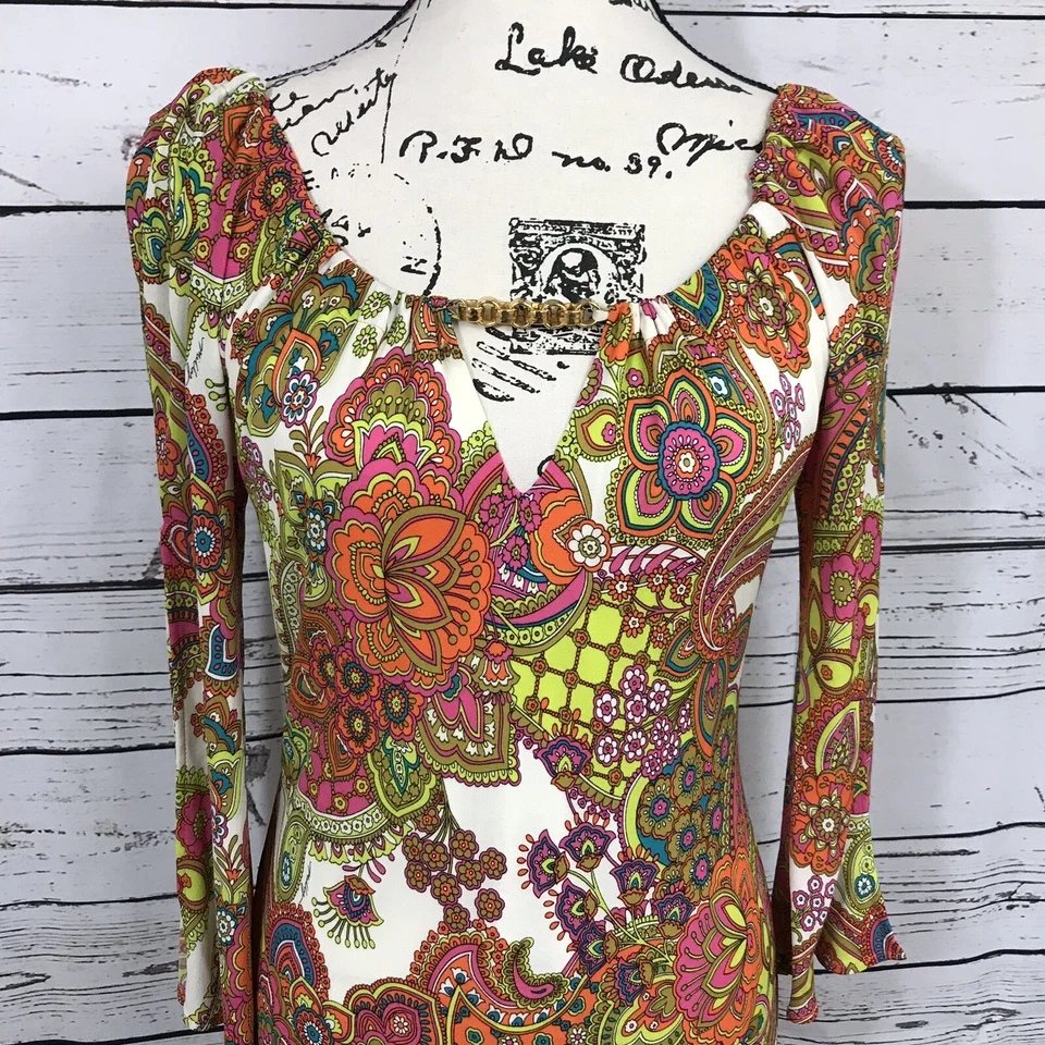 Vestido Milly Multi Paisley Jewel Adornado Firma Forrado de Seda Talla Pequeña (J) Foto 2 de 4