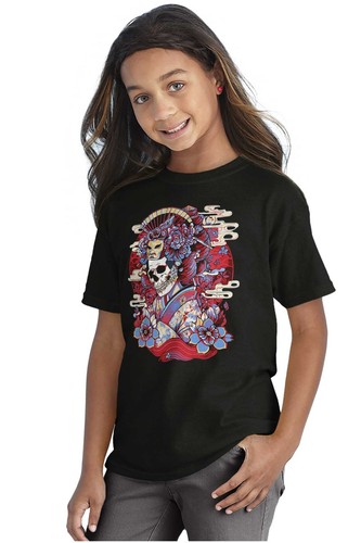 Traditional Skeleton Bone Geisha Flower Mask Youth Crewneck T Shirts Boy or Girl - Picture 3 of 7