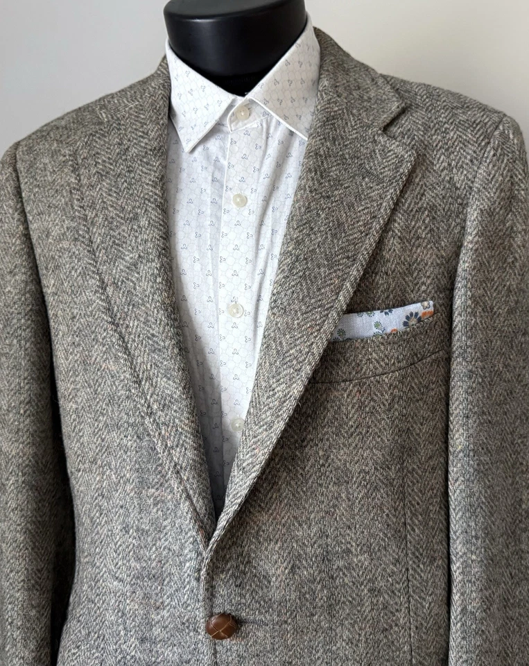 Vintage Chaps Ralph Lauren Tweed Wool Herringbone Windowpane Blazer 38R Leather - Image 3 of 4