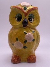Vintage Ceramic Owl Coin Bank Bright MCM 70  s Decor Yellow Roses No Stopper