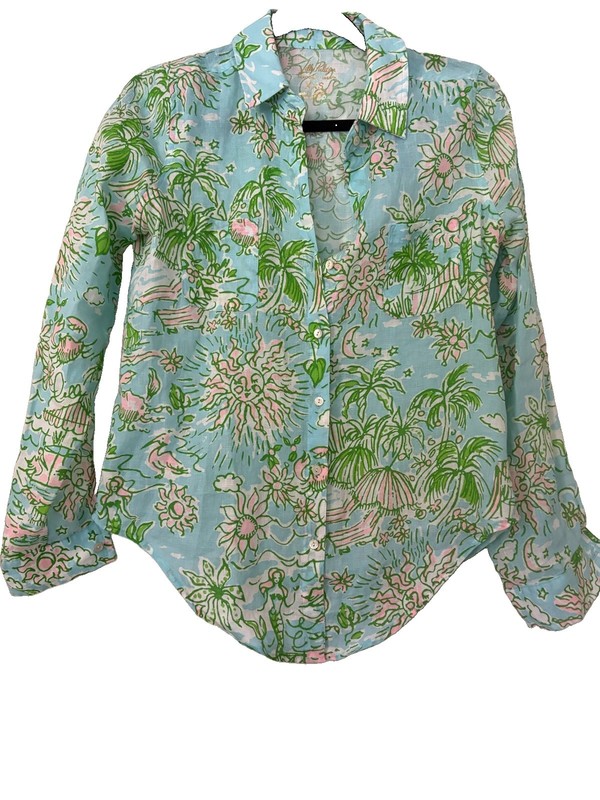 Lilly Pulitzer Seacoast Linen Button-Up Blouse Floral Mermaid XXS 3/4 Sleeve