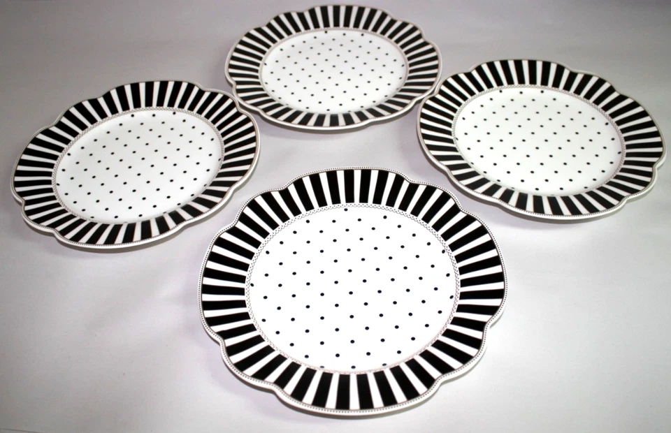 Monterey Bay Fine Porcelain Salad Plates 9in Black White Scallop Set of 4 New - Image 2 of 3