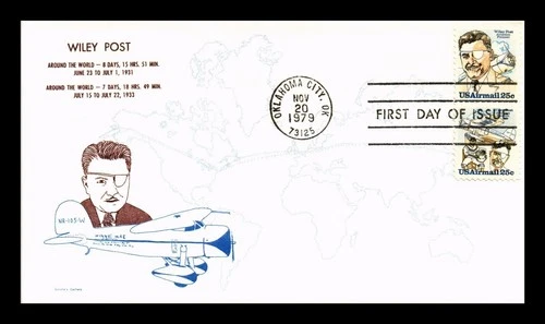 DR JIM STAMPS US COVER WILEY POST AIR MAIL FDC SETENANT SANDRA'S CACHETS