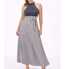 Urban Outfitters Plaid Halter Midi Dress Blue Tan Beige Smocked Back