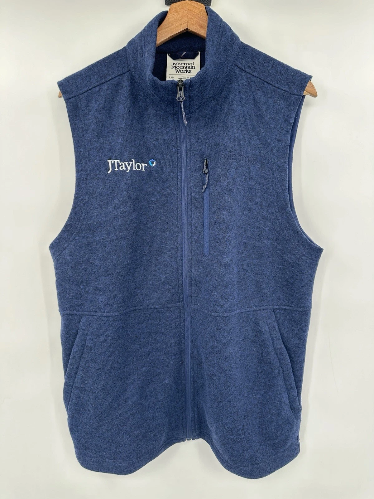 Marmot Vest Mens Large Drop Line Full Zip Fleece Blue Embroidered Outdoors