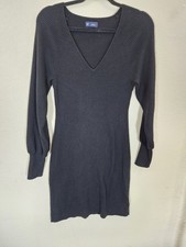 GAP Womens M Black Ribbed Sweater Dress Merino Wool Blend Puff Sleeve V-Neck