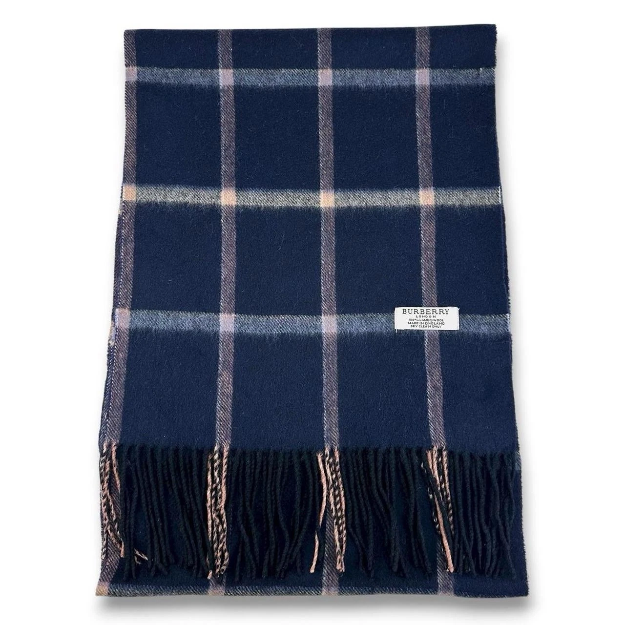 Vintage Burberry 100% Wool Lambswool Wide Checked Scarf, Navy Blue & Multi A129