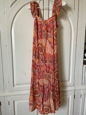 Know Rose orange paisley sleeveless tiered ruffle scrunched back midi dress S 