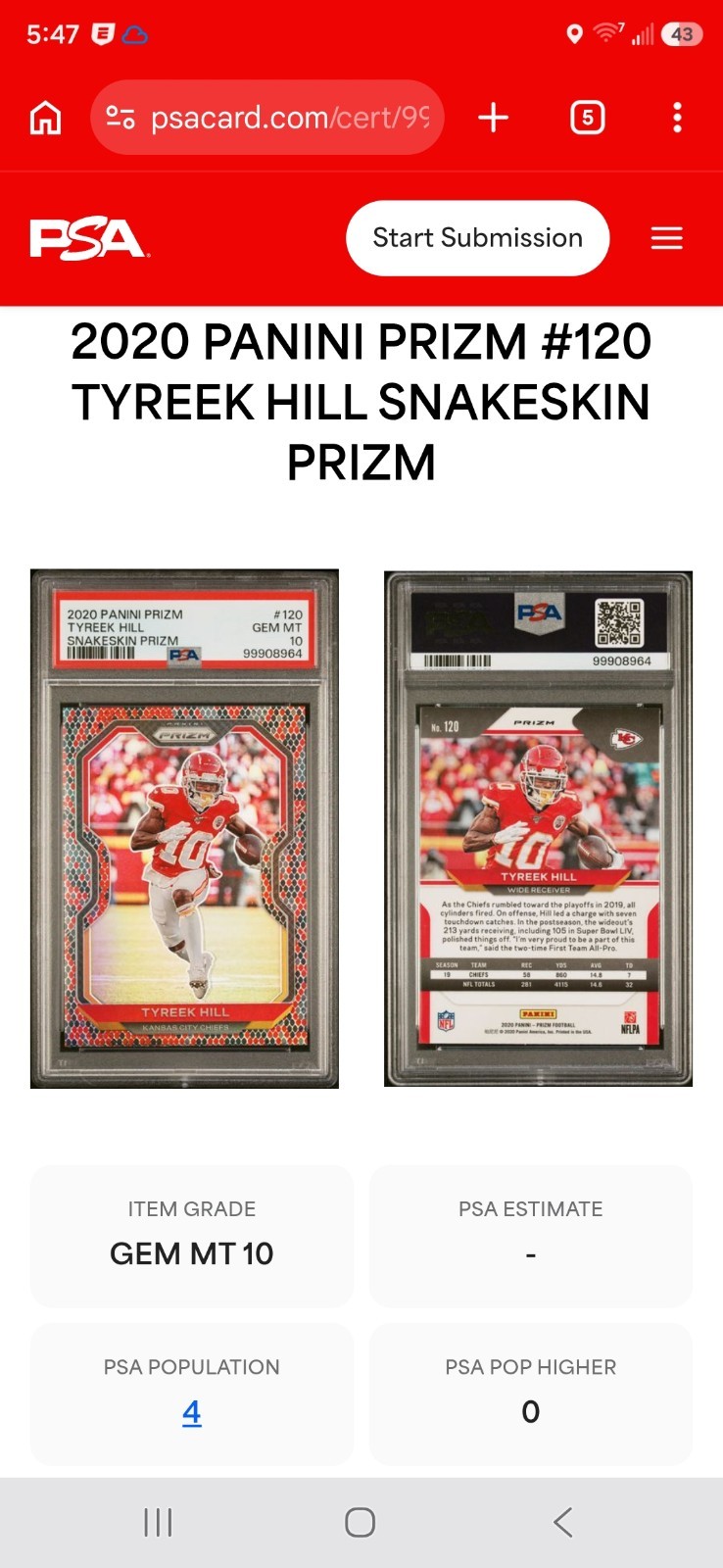 Panini 2020 Prizm Tyreek Hill #120 Snakeskin Prizm PSA 10 Kansas City Chiefs NFL view 3