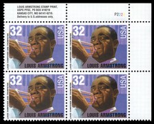 US Scott # 2982, Louis Armstrong, Plate Block of (4) 1995 32¢ Stamps MNH