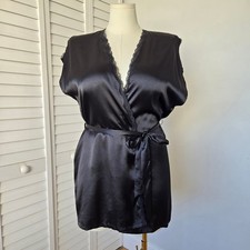 Victoria's Secret Black Satin Lace Trim Wrap Robe Size S Short Glam Y2K Lingerie