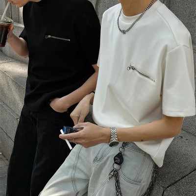 Herren Freizeit Kurzarm Rundhals T-Shirt mit Reißverschluss Detail im koreanischen Stil