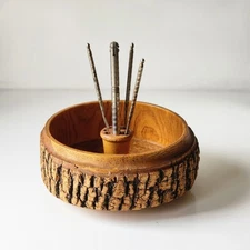 Live Edge Nut Bowl Cracker Picks Vtg Wood Tree Handmade Rustic Bark Nut Cracker 
