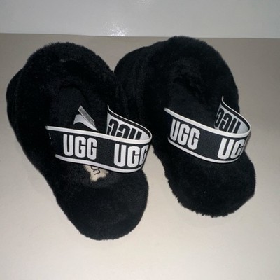 UGG Fluff Yeah Fur Slide Black Women's Slippers Logo Elastic Strap Comfort US 9