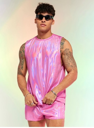 Men's 2 Piece Outfit Metallic Sleeveless Tank And Drawstring Pocket Shorts, Sz S - Picture 5 of 6