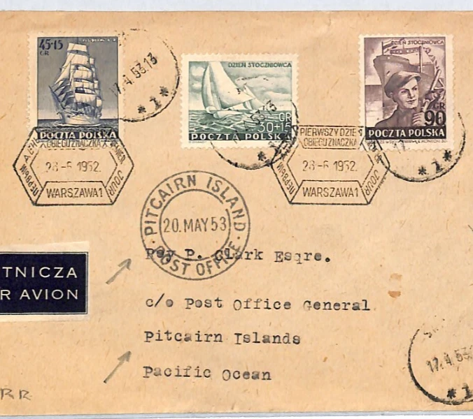 POLAND Ships 1952 FDC Flown *PITCAIRN ISLAND* DESTINATION Warsaw Air Mail XC109 - Image 2 of 4