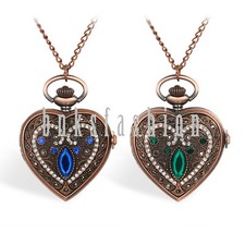 Vintage Bronze Rhinestone Heart Shape Analog Quartz Pocket Watch Necklace Gift