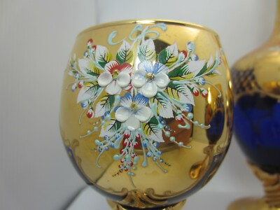 MURANO Venice Italy Blue Glass Decanter Set 5 Wine Glasses 24kt