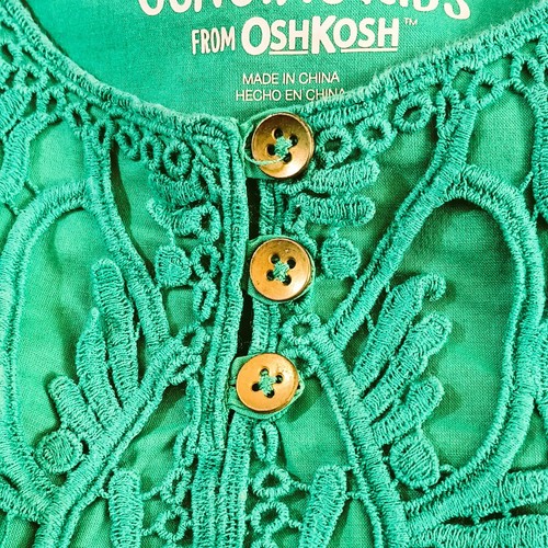 Oshkosh Green A Line Dress 4T with Crochet around Neck and Sleeves. Fully Lined - Picture 6 of 8