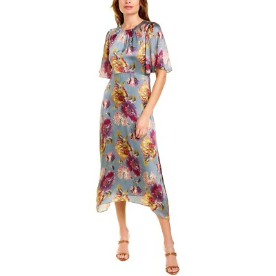 rebecca taylor fleur silk midi dress Rebecca Taylor Fleur Satin Midi Dress Blue Floral Silk Flutter Sleeve  Blouson 2