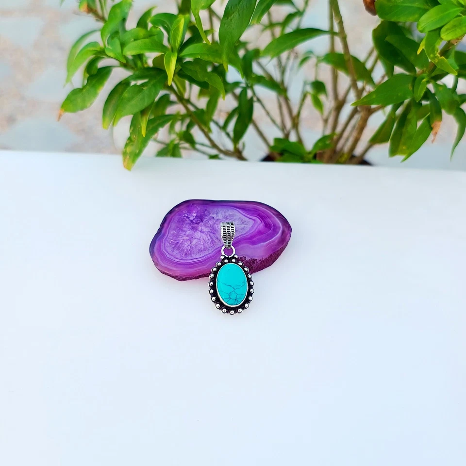 Colgante de piedras preciosas turquesa natural plata de ley 925 joyería hecha a mano Foto 3 de 4